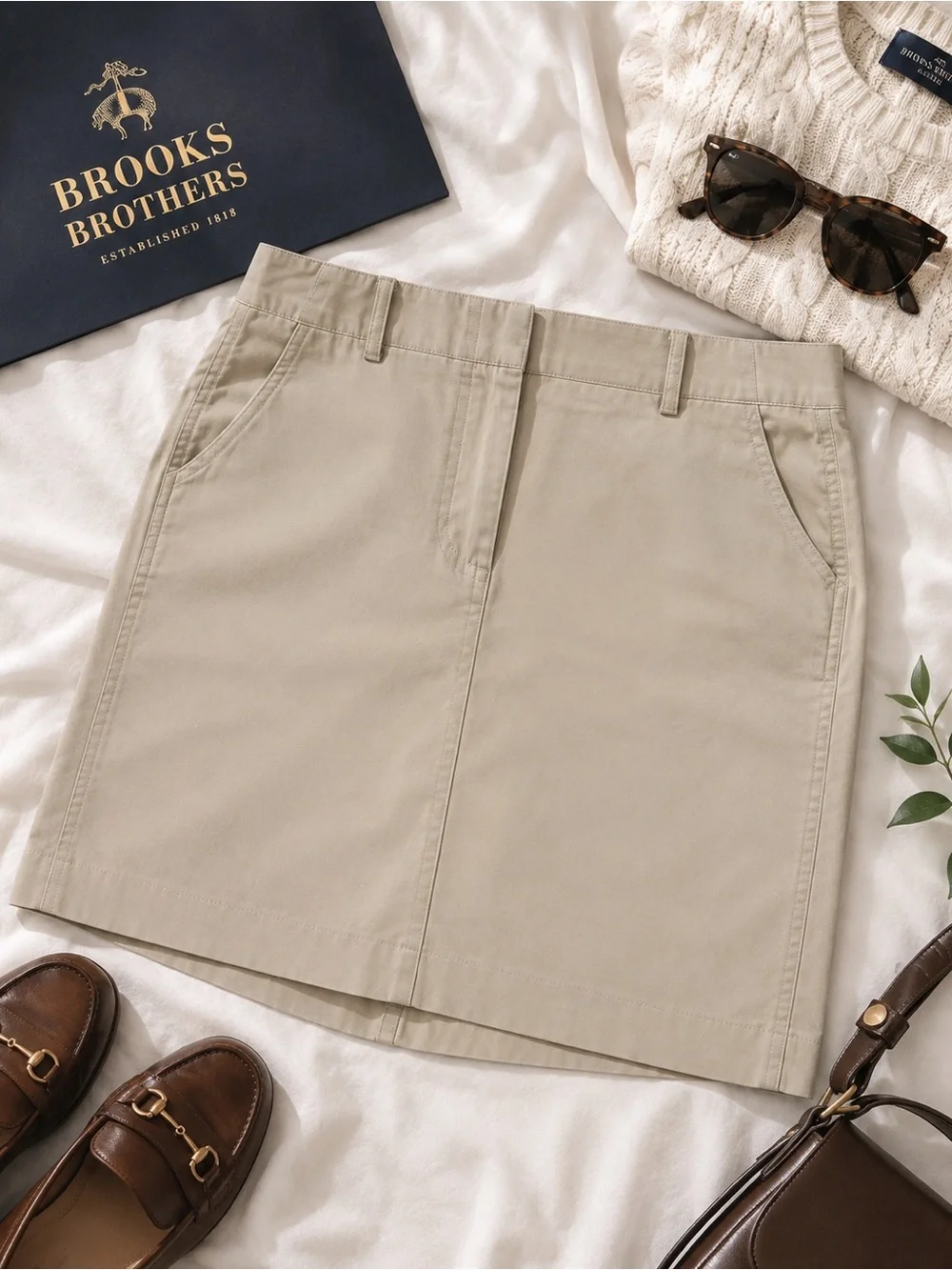 Brooks Brothers Khaki Cotton Chino Skirt Size 10 Mini Pencil Pockets